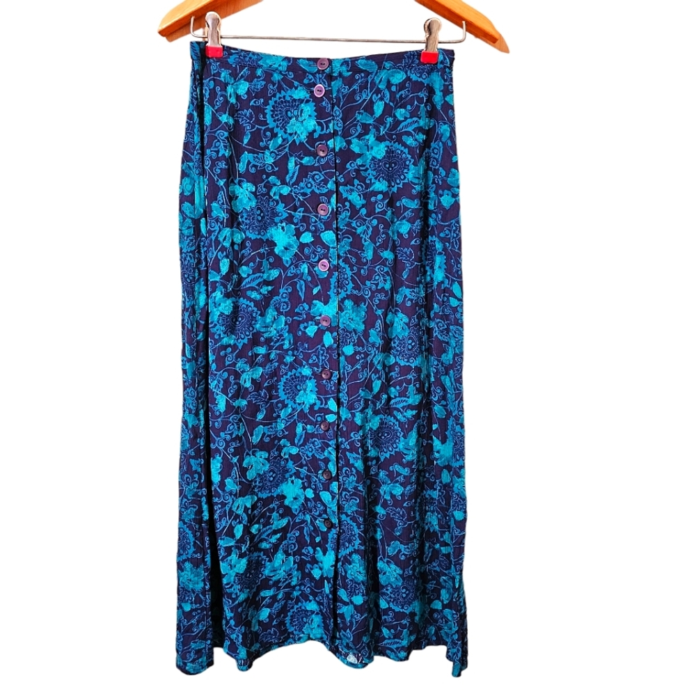 Vintage Blue Floral Print Button Midi Skirt